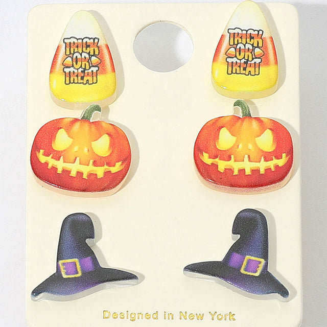Multi 3Pairs - Halloween Candy Corn Pumpkin Witch Hat Stud Earring Set