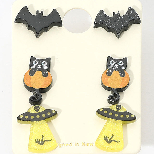 Multi 3Pairs - Halloween Themed Bat Black Cat UFO Stud Earring Set