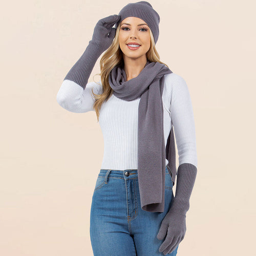3PCS - Solid Winter Beanie Hat Scarf Gloves Set - Dark, Gray