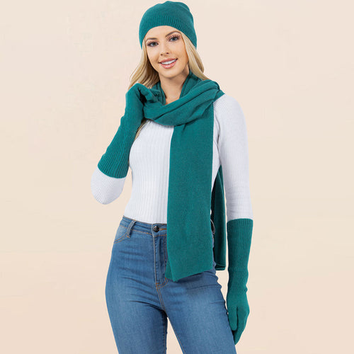 3PCS - Solid Winter Beanie Hat Scarf Gloves Set - Teal