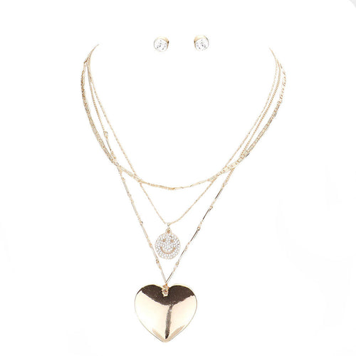 3PCS Stone Embellished Smile Metal Heart Pendant Jewelry Set - Gold
