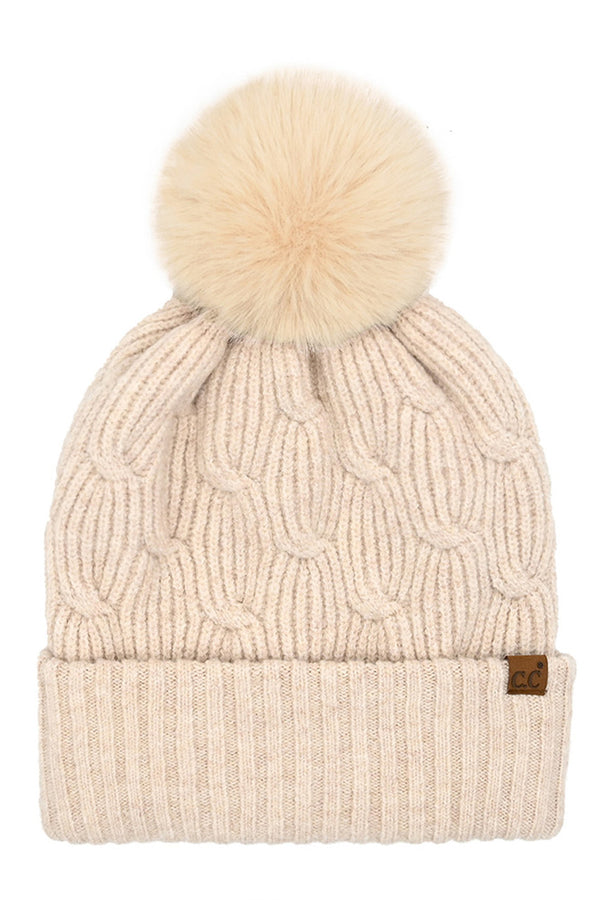 Beige C.C Chain Link Knitted Pom Beanie
