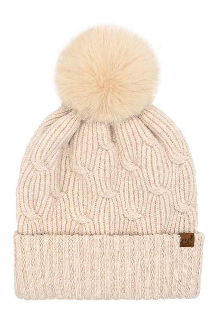 Beige C.C Chain Link Knitted Pom Beanie