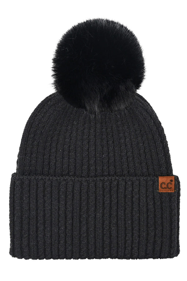 Black C.C Cable Cuff Pom Beanie