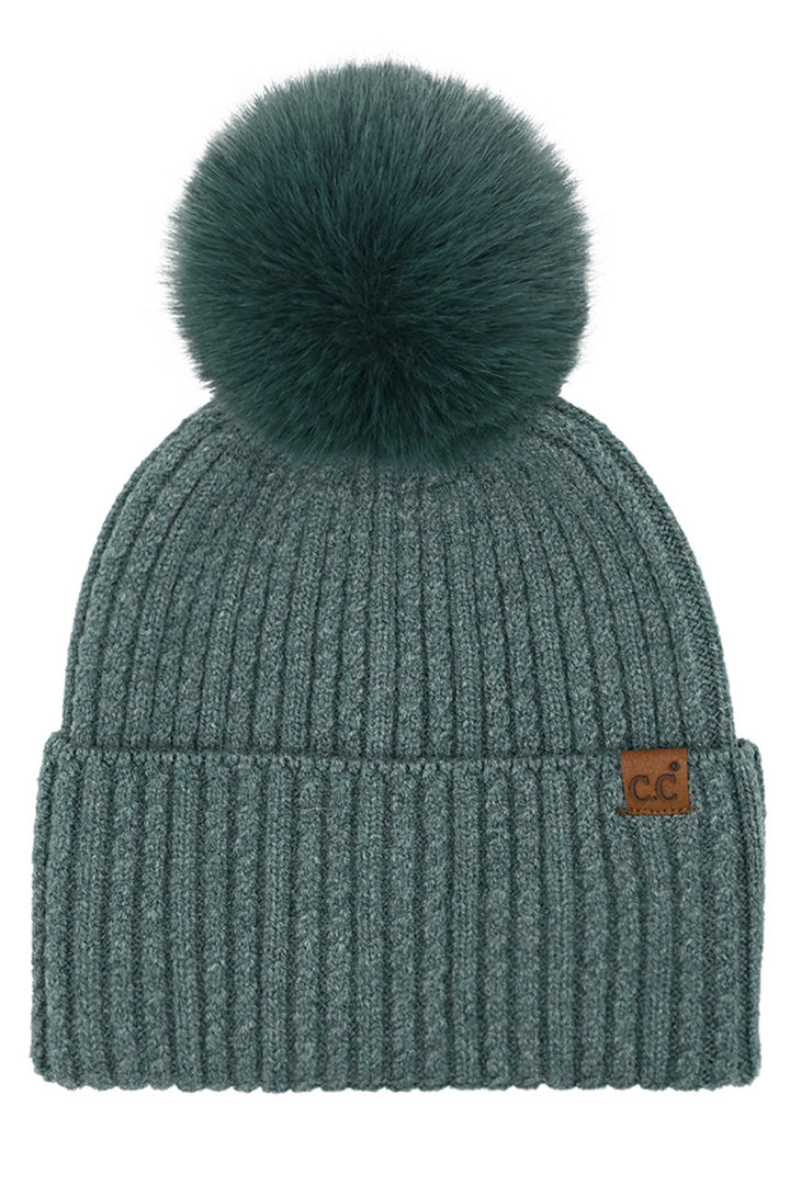 Forest Green C.C Cable Cuff Pom Beanie