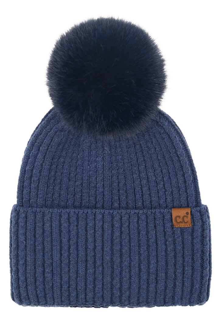 Navy C.C Cable Cuff Pom Beanie