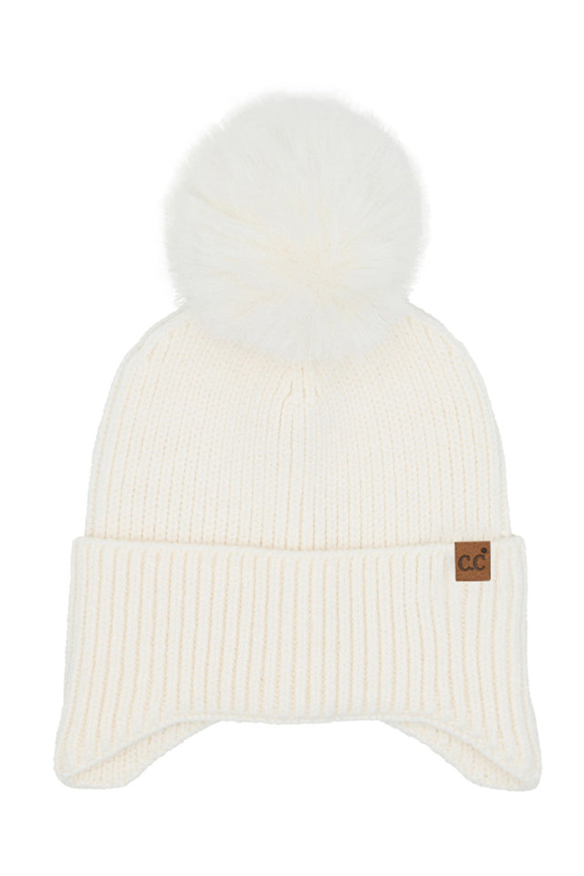 Ivory C.C Earflap Pom Knit Solid Beanie