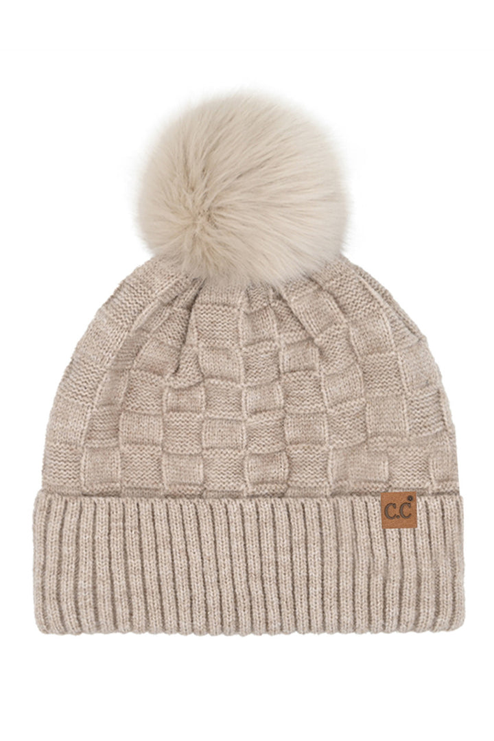 Beige C.C Weaving Texture Knit Pom Beanie