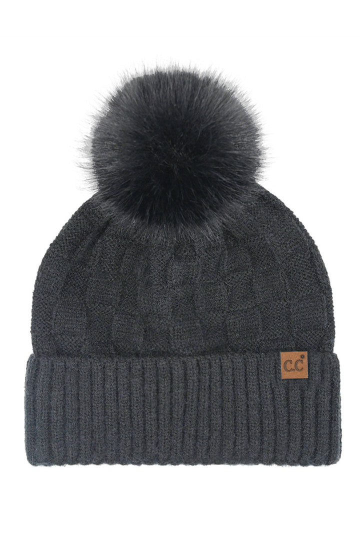 Black C.C Weaving Texture Knit Pom Beanie