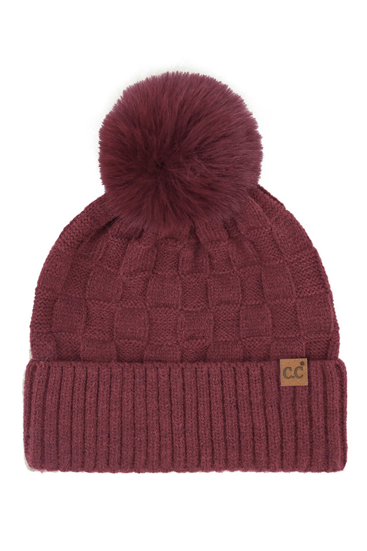 Burgundy C.C Weaving Texture Knit Pom Beanie