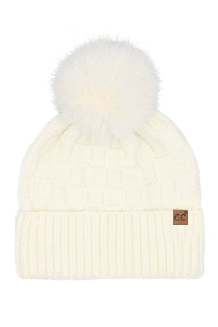 Ivory C.C Weaving Texture Knit Pom Beanie