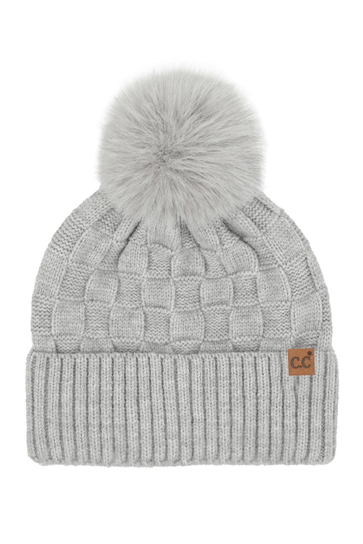 Light Gray C.C Weaving Texture Knit Pom Beanie