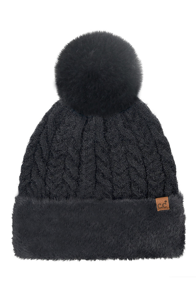Black C.C Cable Knit Fur Cuff Pom Beanie
