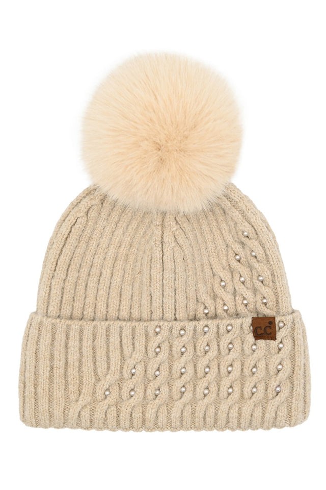 Beige C.C Cable Pom With Pearl Embellishments Beanie