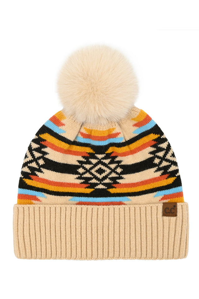 Beige C.C Aztec Pattern Pom Cuff Beanie