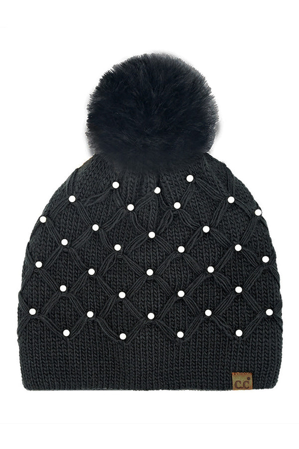 Black C.C Allover Pearl Crochet Pom Beanie