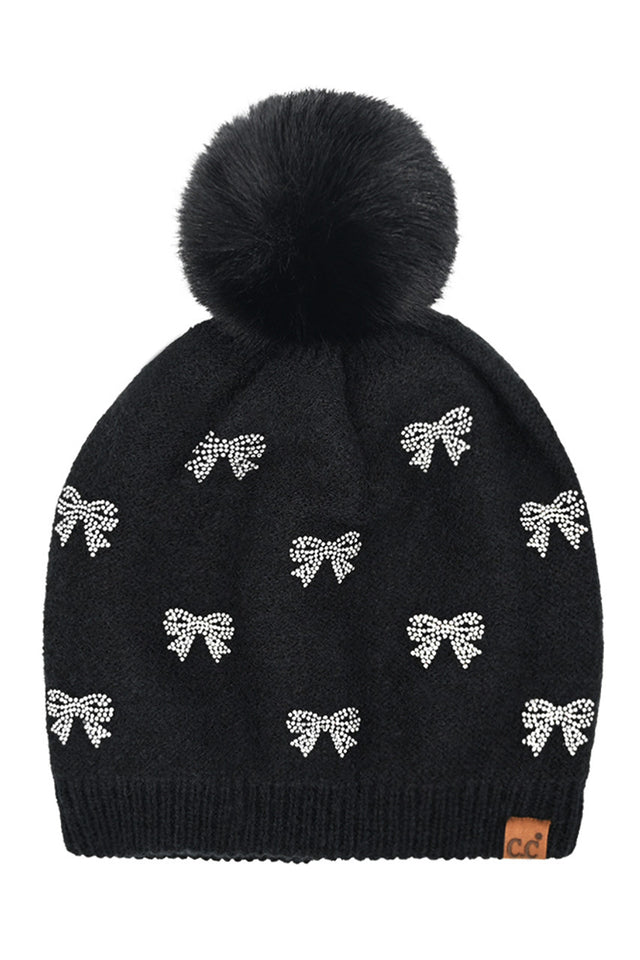 Black C.C Allover Rhinestone Mini Bow Pom Beanie