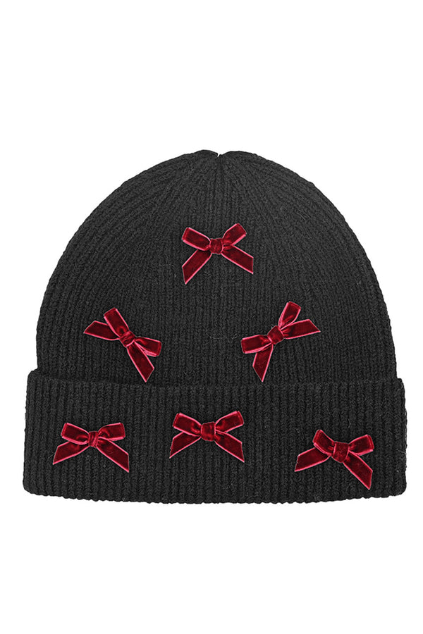 Black/Burgundy C.C Mini Velvet Bow Cuff Beanie