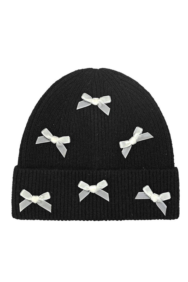 Black/Ivory C.C Mini Velvet Bow Cuff Beanie