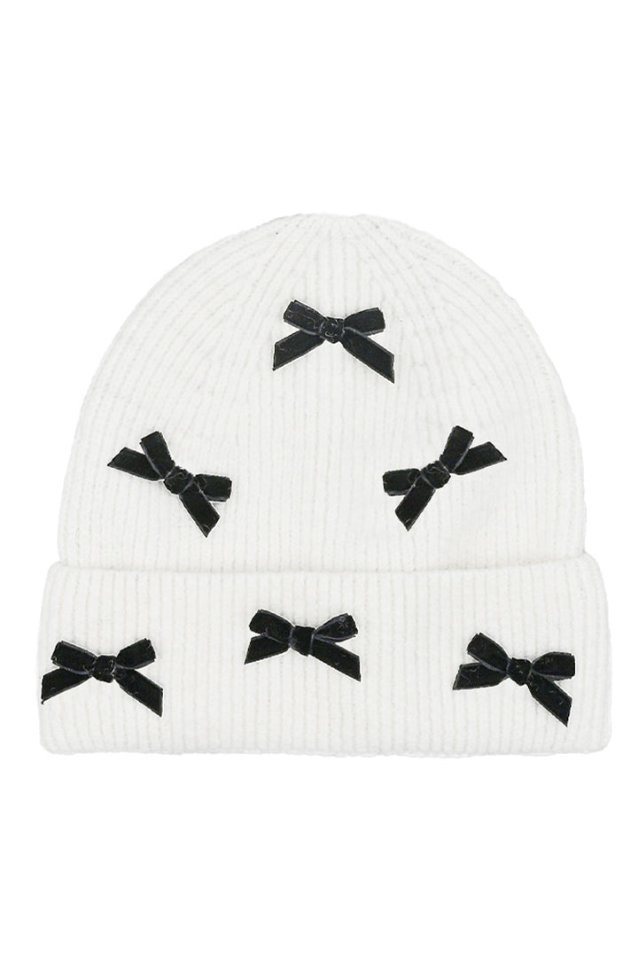 Ivory/Black C.C Mini Velvet Bow Cuff Beanie