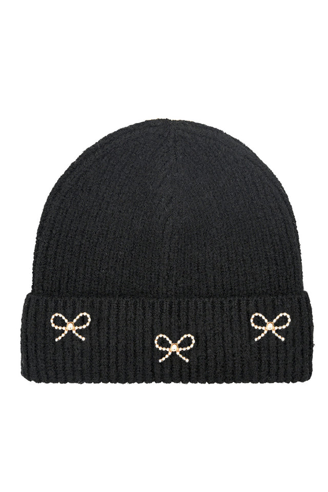 Black C.C Pearl Bow Charm Cuff Beanie