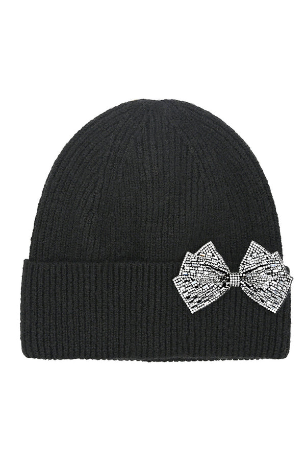 Black C.C Rhinestone Bow Cuff Beanie