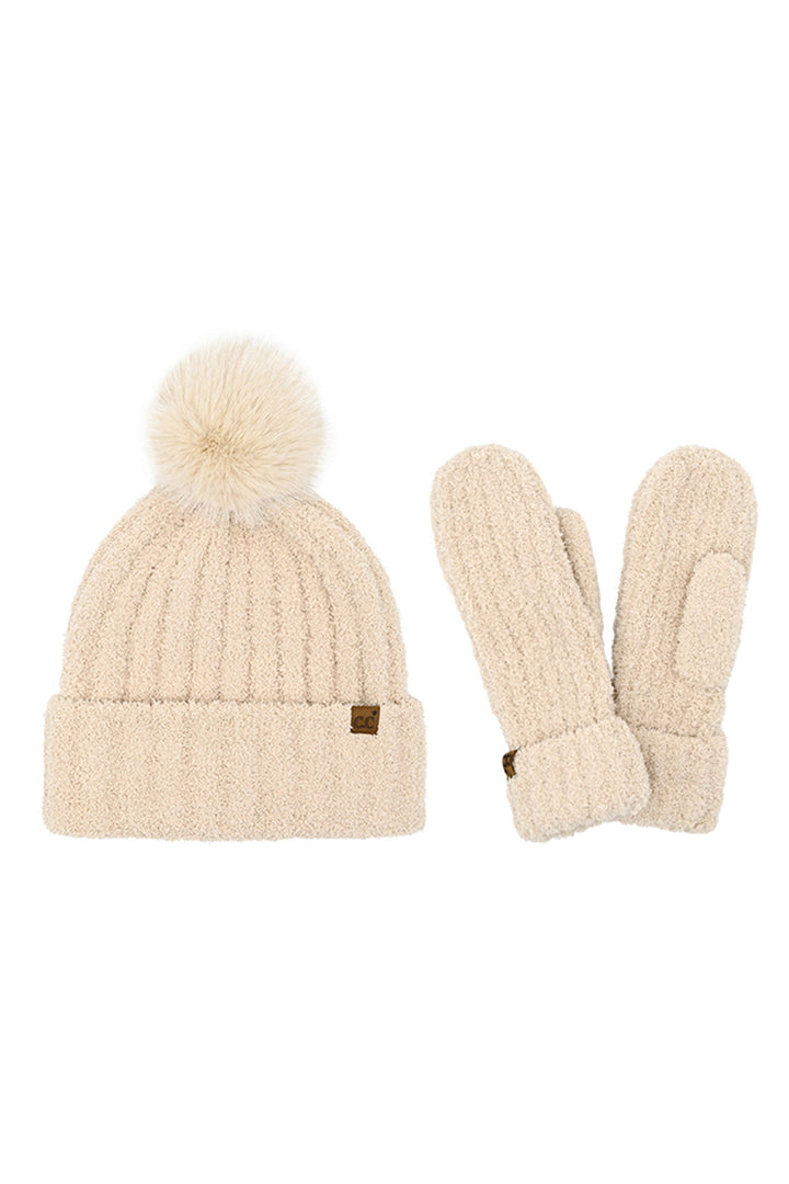 Beige C.C Cozy Yarn Beanie Winter Hat & Mitten Set