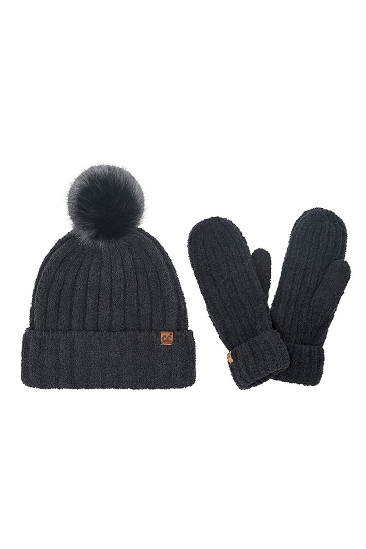 Black C.C Cozy Yarn Beanie Winter Hat & Mitten Set