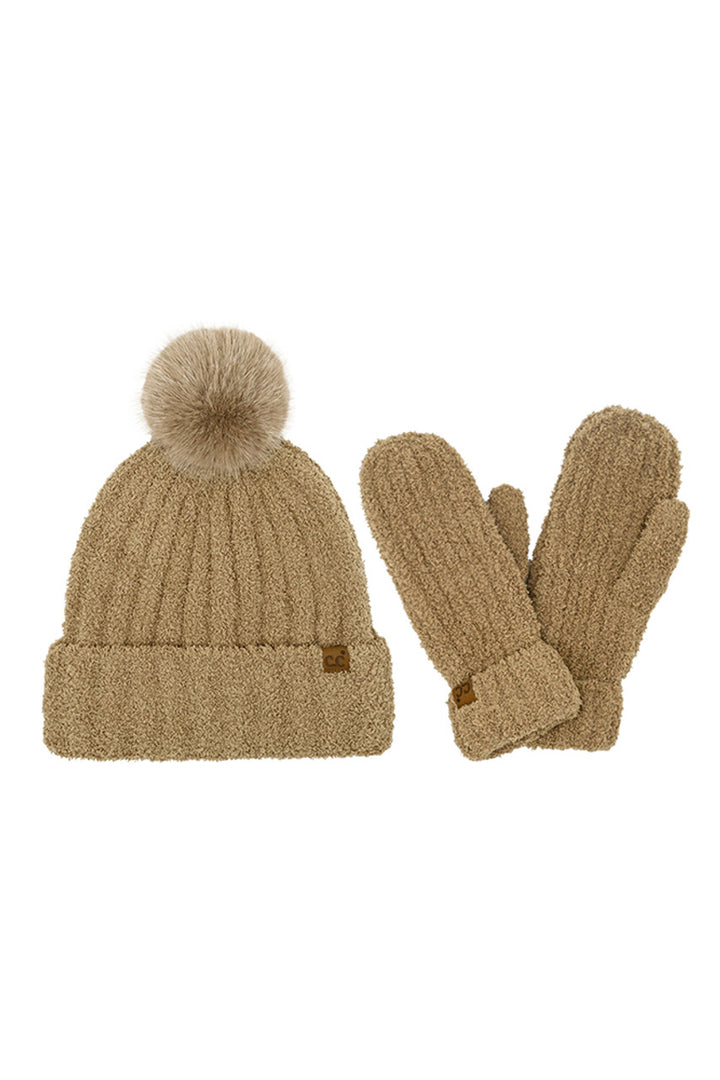 Taupe C.C Cozy Yarn Beanie Winter Hat & Mitten Set