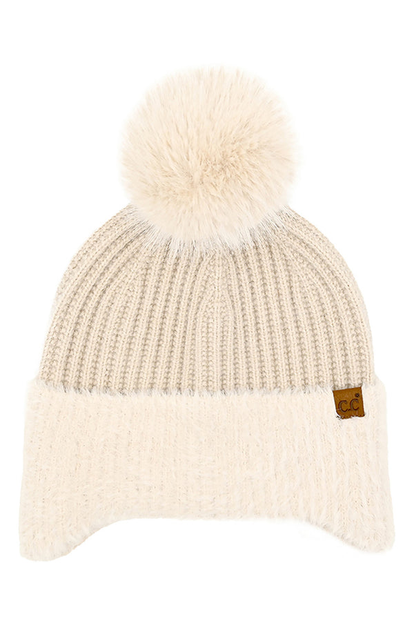 Beige C.C Fur Earflap Pom Beanie