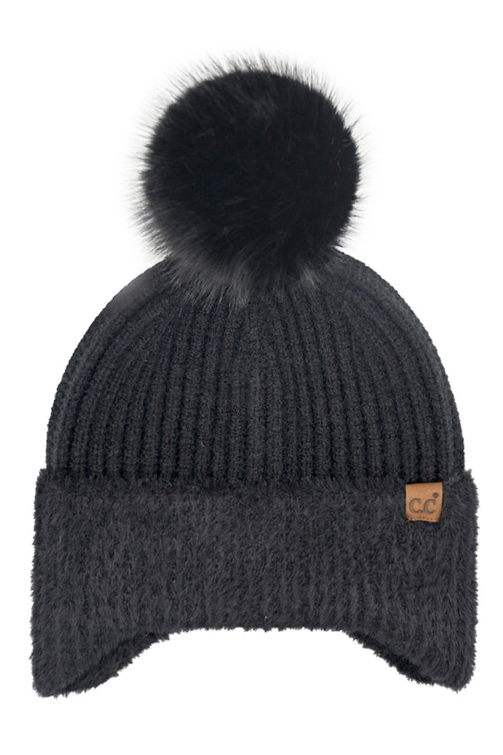 Black C.C Fur Earflap Pom Beanie