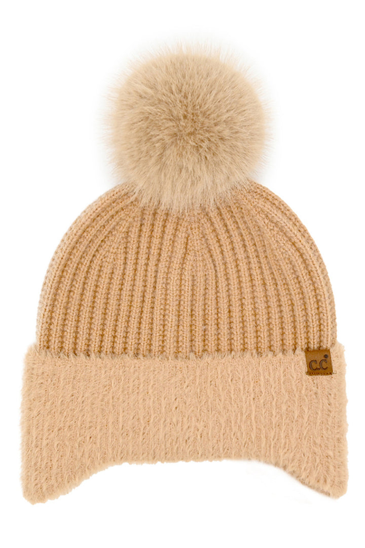 Camel C.C Fur Earflap Pom Beanie