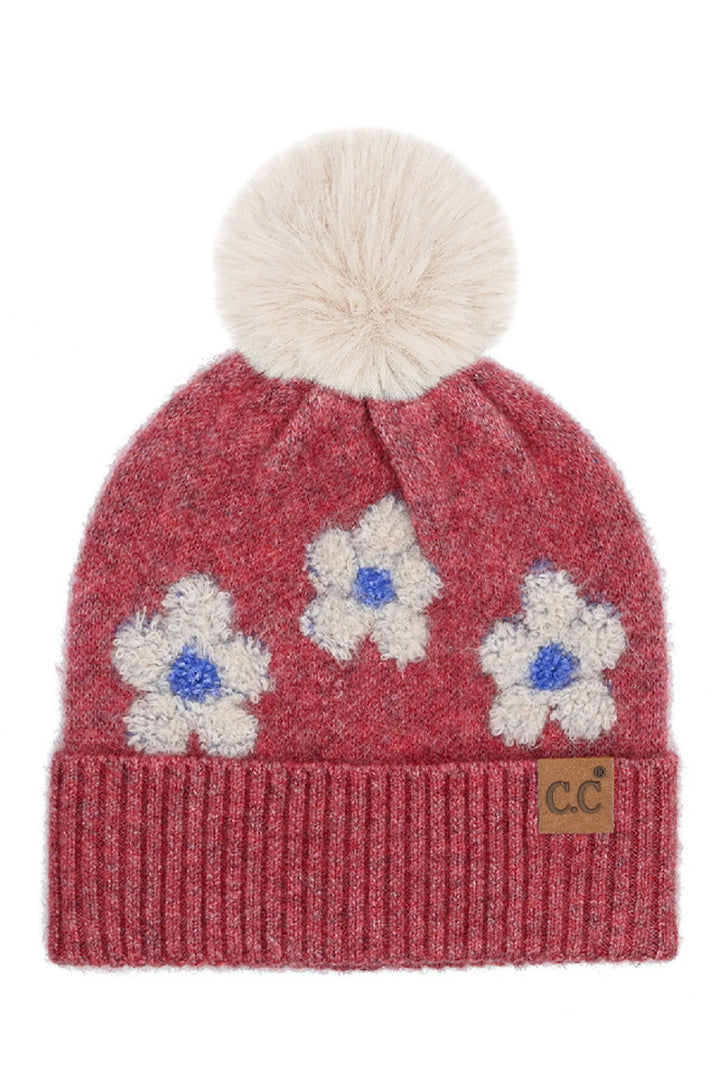 Red C.C Daisy Pattern Beanie with Pom