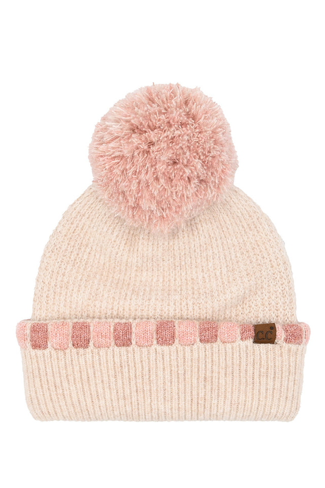 Rose C.C Neutral Horizontal Stripe Cuffed Pom Beanie