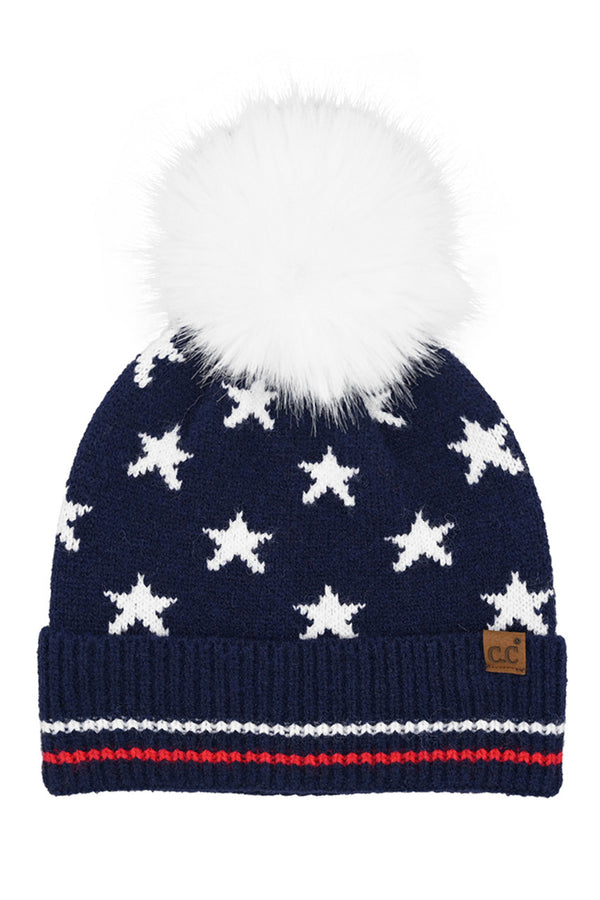 Navy C.C All Over Star and Stripe American Flag Pom Beanie