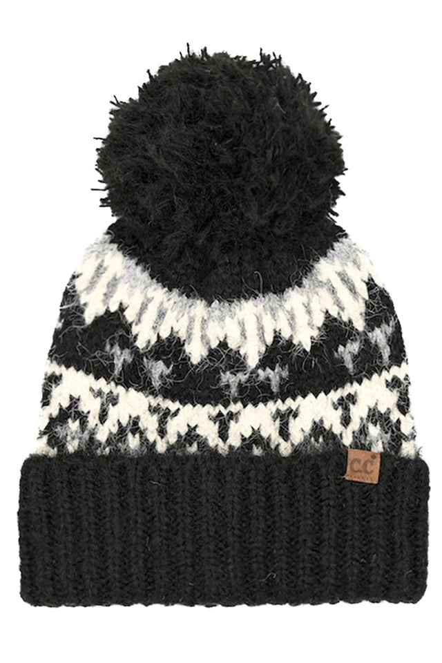 Black C.C Geometric Pattern Yarn Pom Beanie
