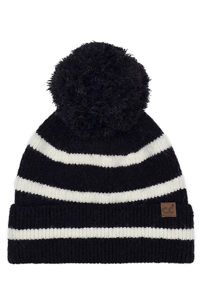 Black C.C Two Tone Stripe Yarn Pom Beanie