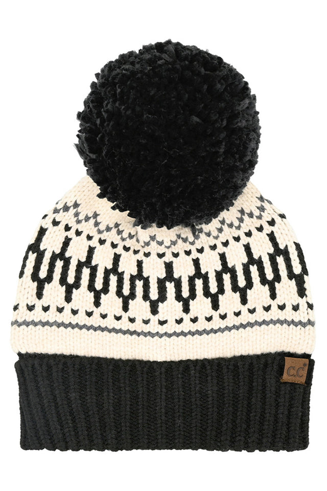Black C.C Fair Isle Pattern Yarn Pom Beanie