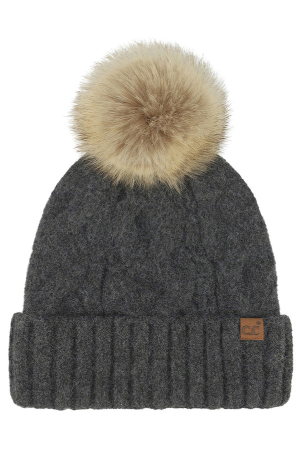 Black C.C Solid Big Cable Pattern Knit Cuff Pom Beanie