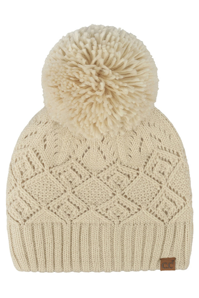 Beige C.C Diamond Lace Pattern Yarn Pom Solid Beanie