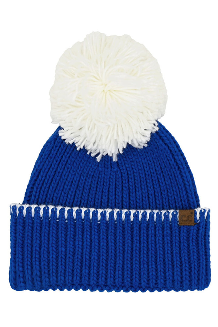 Blue/White C.C Yarn Pom Game Day Team Stitch Point Beanie