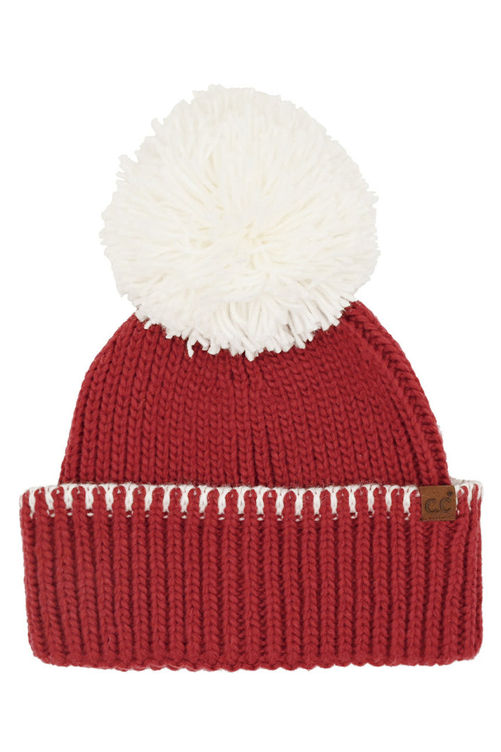 Cardinal/White C.C Yarn Pom Game Day Team Stitch Point Beanie