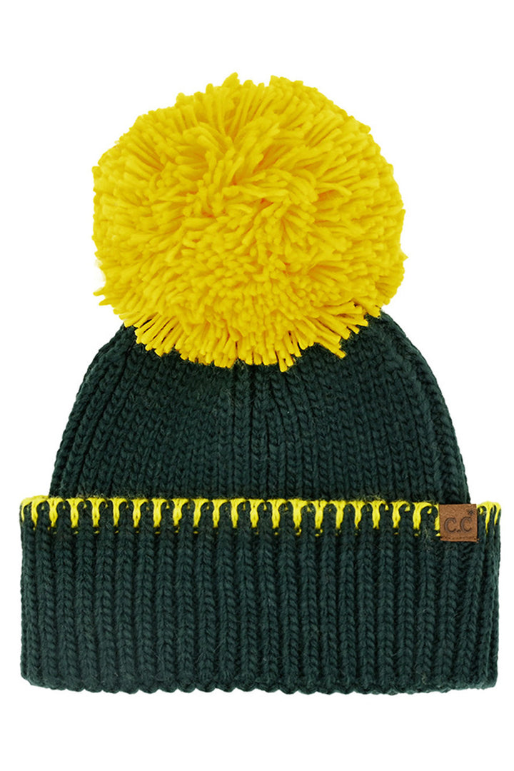 Green/Gold C.C Yarn Pom Game Day Team Stitch Point Beanie