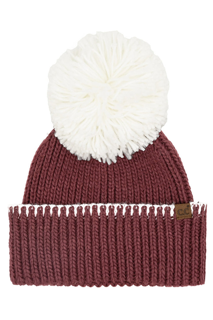 Maroon/White C.C Yarn Pom Game Day Team Stitch Point Beanie