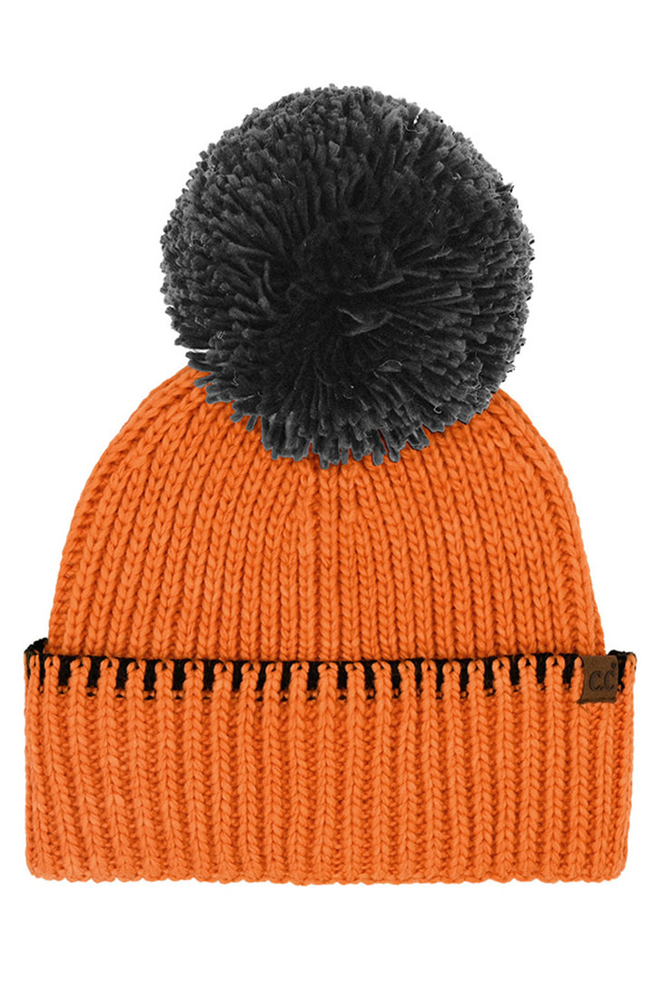 Orange/Black C.C Yarn Pom Game Day Team Stitch Point Beanie