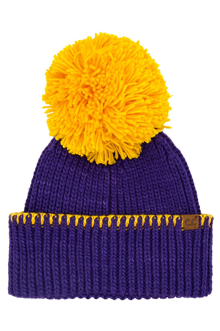 Purple/Gold C.C Yarn Pom Game Day Team Stitch Point Beanie