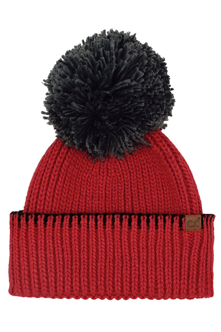 Red/Black C.C Yarn Pom Game Day Team Stitch Point Beanie