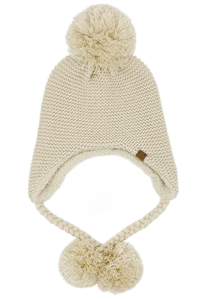 Beige C.C Knitted Trapper with Yarn Pom Beanie