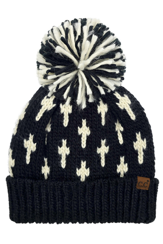 Black C.C Cross Pattern All Over Yarn Big Pom Beanie