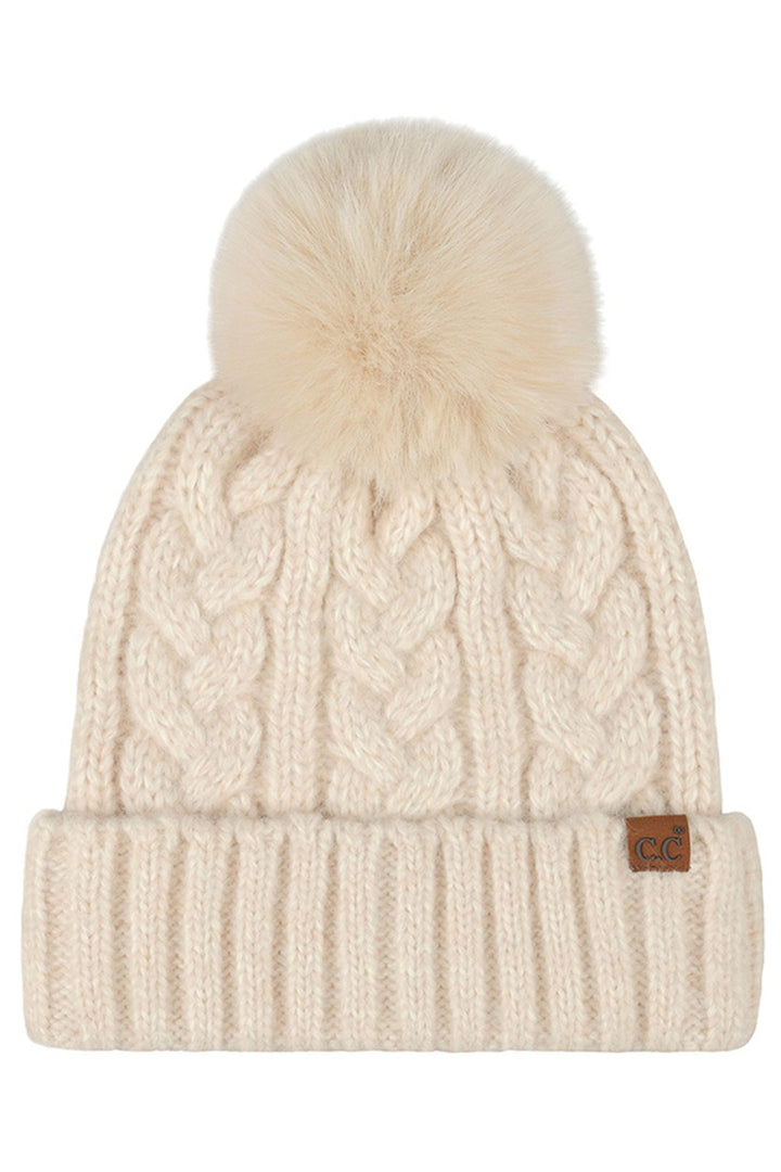 Beige C.C Heather Cable with Satin Lining Pom Beanie